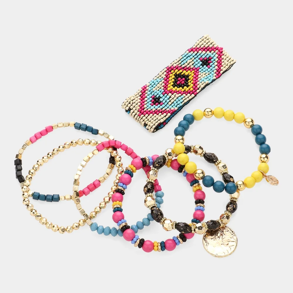 Multicolored Beaded 7 PC Stretch Layered Bracelets 92